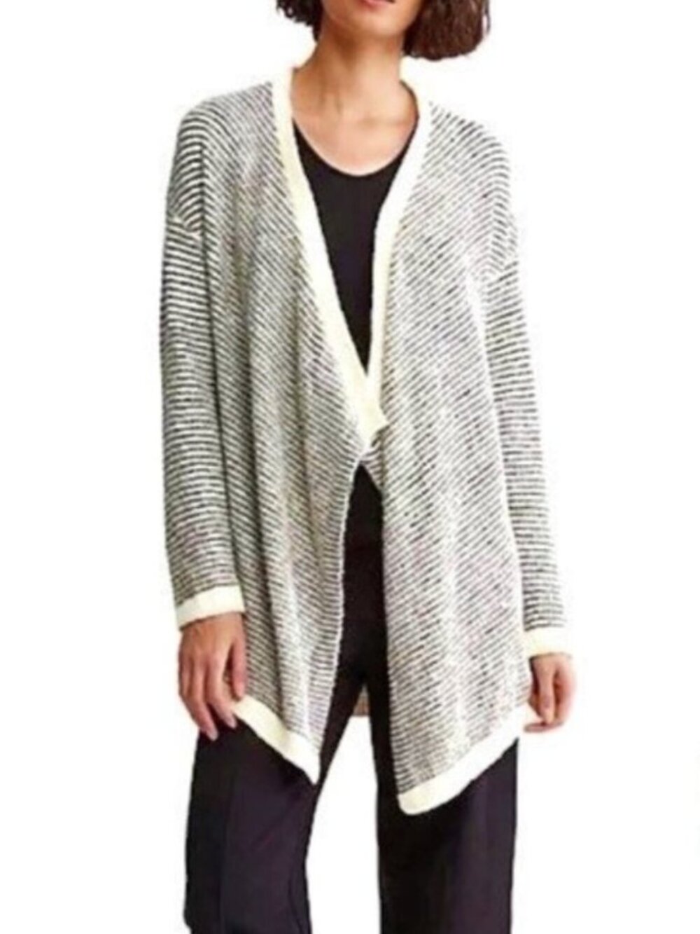 Eileen Fisher Black and White Stripe Cascading Cardigan - Size 2